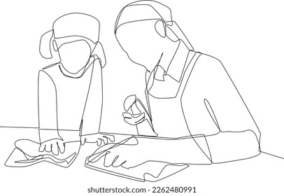 Minimalist supermom concept. A mom teaches her daughter how to clean a table. Black and white vector illustration, mother, supermom, mother’s day.