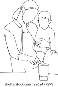 Minimalist supermom concept. Mother cooks mpasi for her children. Black and white vector illustration, mother, supermom.