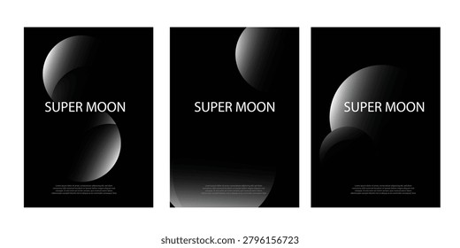 Minimalist supermoon flyer and book cover templates featuring dramatic black backgrounds, gradient crescent spheres, elegant white typography, and abstract lunar astronomical phase design.