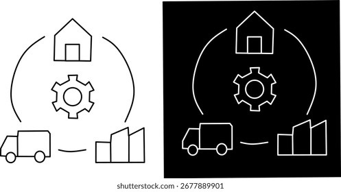 Minimalist supply chain icon set showing a house, gear, truck, and factory in circular flow, perfect for logistics, industry, and business concepts.