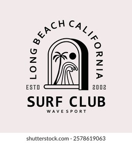 Minimalist surf club logo featuring a wave, palm tree, and sun inside an arch, representing Long Beach, California. Perfect for sports, travel, and coastal branding.