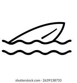 Minimalist surfboard floats on black wave lines against a white background in this simple graphic illustration, providing a clean aesthetic for travel or beach-themed designs.