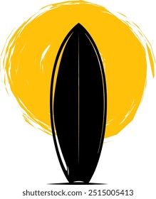 Minimalist Surfboard Silhouette Against Vibrant Yellow Sun Background – Perfect for Surfing-Themed Designs and Outdoor Adventure Concepts