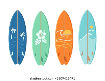 Minimalist surfboards flat illustrations set with summer vibes clipart
