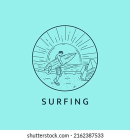 Minimalist surfing man logo line art illustration template design with circle