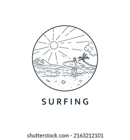 Minimalist surfing man logo line art illustration template design with circle