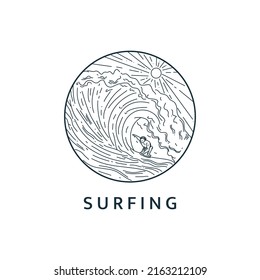 Minimalist surfing man logo line art illustration template design with circle