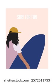 Minimalist surf-themed illustration of a woman with a yellow cap holding a blue surfboard. Stylish and modern design, perfect for summer, adventure, and beach lifestyle decor or branding.