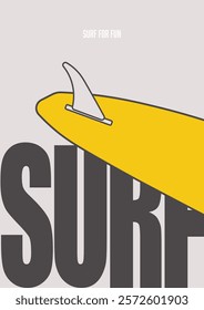 Minimalist surf-themed poster featuring a bold yellow surfboard fin and large black text "SURF." Modern and clean design perfect for beach, sports, and lifestyle branding.