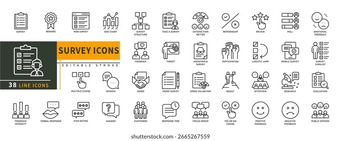 Minimalist Survey line icons set with editable stroke, featuring reward, web survey, bar chart, satisfaction metter, referendum, target, participation, result, yes or no . thin linear illustration.