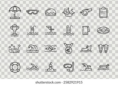 Minimalist swimming icons set featuring aquatic sports, pool gear, and water activities in line art.