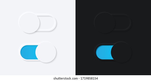 Minimalist Switch Button in Neumorphism Design. White and Black. Simple, modern and elegant. Smooth & soft 3D user interface. Light mode and Dark Mode. For website or apps design. Vector Illustration.