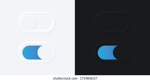 Minimalist Switch Button in Neumorphism Design. White and Black. Simple, modern and elegant. Smooth & soft 3D user interface. Light mode and Dark Mode. For website or apps design. Vector Illustration.