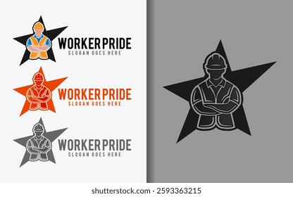 A minimalist symbol featuring a worker silhouette seamlessly combined with a bold star, symbolizing dedication, achievement, pride and excellence in labor.