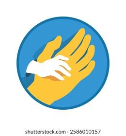 A minimalist and symbolic logo featuring a circular design with a yellow adult hand gently placed over a smaller white child’s hand. This illustration represents care, protection, trust, and support 