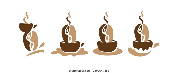Minimalist symbols combining the essential elements of coffee: cup, bean, steam, with a  woman silhouette,  for impactful branding