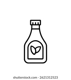 Minimalist syrup bottle line drawing, containing plant extract symbol for organic health food products, drink ingredient icon on a transparent background