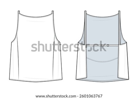 Minimalist Tailored BackLess Tank Top Technical Fashion Illustration. Sleeveless Blouse Vector Template. with Adjustable Straps. Lightweight and Contemporary. Women’s Fashion CAD Mockup.