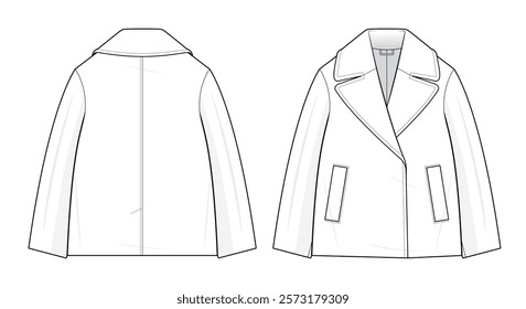 Minimalist Tailored Coat Technical Fashion Illustration. Notched Lapel Coat with Inner Snap Fasteners Closure Vector Template. Front and Back View. Regular Fit. Women’s Wear. CAD Mockup.