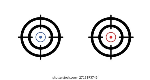 Ícone de vetor de meta minimalista definido com símbolos de escopo de sniper de mira em preto, azul e vermelho para os conceitos de foco e realização de marketing de meta de negócios.