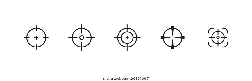 Conjunto de iconos de objetivo minimalista con símbolos de punto de mira utilizados para apuntar temas de enfoque y ubicación de precisión en diseño de interfaz o infografía