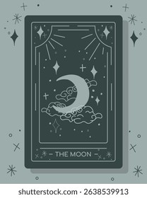 Minimalist tarot card illustration depicting "The Moon" with crescent moon, clouds, and stars in soft gray tones