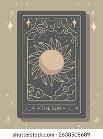 Minimalist tarot card illustration featuring "The Sun" symbol with celestial designs and soft beige tones on a gray background, perfect for mystical, spiritual, and fortune-telling themes.