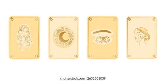 Minimalist tarot card set with mystical symbols including moon, eye, and abstract female faces. Elegant gold tones and clean design perfect for spiritual or aesthetic projects.