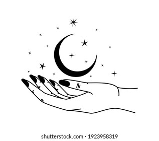 minimalist tatto of one hand holding a moon with stars vector illustration design