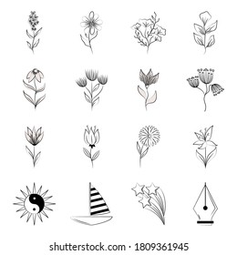 Minimalist Tattoo Boho Flower Leaves Boat Yin Yang Line Art Icon On White Background Vector Illustration