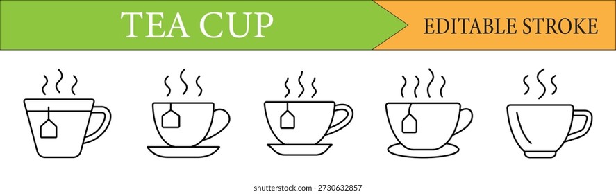 Icono de taza de té minimalista con trazos editables. Perfecto para menús de cafetería, Sitios web, blogs de comida y marca de bebidas. Arte vectorial de alta calidad.
