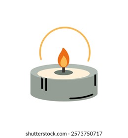 Minimalist tea light candle icon with flame. cozy aromatic candle. Aromatherapy and relaxation. vector illustration