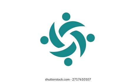 A minimalist teal logo featuring four stylized figures arranged in a circular, interconnected pattern, symbolizing unity, teamwork, and social interaction.