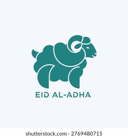 Minimalist teal sheep logo with Eid al-Adha text for Islamic holiday celebration, isolated on white background.