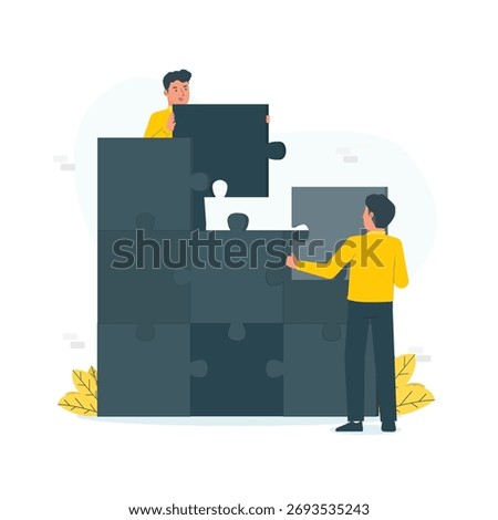 Minimalist Teamwork Scene with Oversized Puzzle Blocks