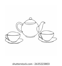 Minimalist teapot with two cups and saucers drawn in a continuous line art style