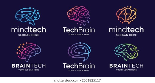 Concepto minimalista de diseño de logotipo de cerebro de tecnología con marca de color degradado.