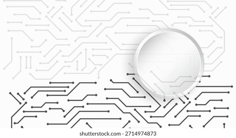 Minimalist technology background with abstract circuit lines and a clean circular frame, ideal for innovation concepts, digital design, interfaces, and modern tech presentations.