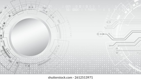 Minimalist technology background in light gray tones with digital elements, schemes, binary code. Modern conceptual design for topics related to information technology, science, for banner.