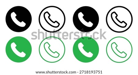 Minimalist telephone handset vector icon set with call symbols in black and green for customer support, contact us page, and mobile app UI design.