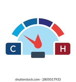 A minimalist temperature gauge icon representing engine heat status with C and H markers. Ideal for automotive maintenance, dashboard interface, and vehicle repair.
