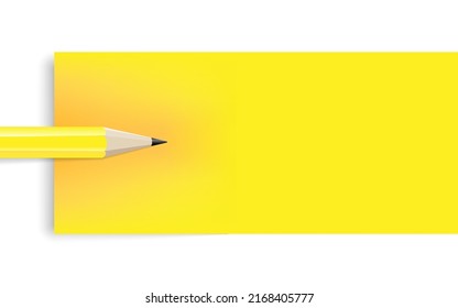 Minimalist template with copy space by top view close up macro photo of wooden yellow pencil isolated on white texture paper and combine with yellow square. Flash light made smooth shadow from pencil.