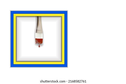 Minimalist template with copy space by top view close up macro photo of paintbrush with red paint color isolated on white texture paper and combine with blue and yellow square.