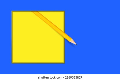 Plantilla minimalista con espacio de copia por vista superior cerrar foto macro de lápiz amarillo de madera aislado en papel de textura azul y combinar con cuadrado amarillo. La luz de flash hizo sombras suaves del lápiz.