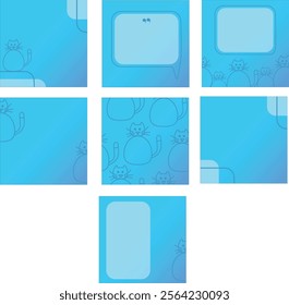 Minimalist Template Set with Cats and Text Frames on Blue Gradient Background