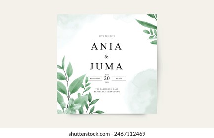 Minimalistisches Vorlage Hochzeitskarten-Set mit Aquarell Grün Blätter