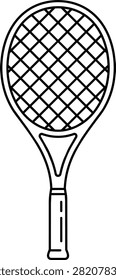 Minimalist tennis racket outline vector. Black line art icon for sports and recreation equipment.