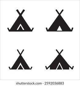 Minimalist Tent Icon – Black and White Vector Symbol Featuring a Triangular Camping Tent with Crossed Poles for Outdoor, Adventure, and Travel-Themed Designs.eps