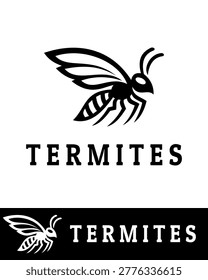 Minimalist termite insect logo design featuring a stylized black silhouette with wings and antennae