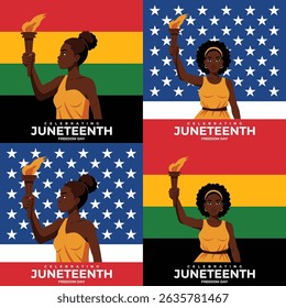 Minimalist text design featuring "CELEBRATING JUNETEENTH FREEDOM DAY" in bold, repeated layout. Ideal for Juneteenth-themed projects, social media, posters, or educational materials. Symbolizes Africa